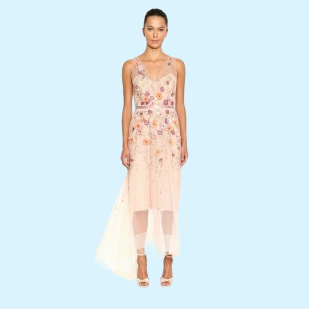Marchesa Pale Pink Embroidered Tulle Midi Dress